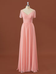 Backless Prom Dress, A-line Short Sleeves Chiffon V-neck Pleated Floor-Length Bridesmaid Dress
