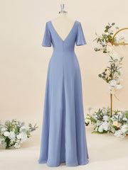 Semi Formal, A-line Short Sleeves Chiffon V-neck Pleated Floor-Length Bridesmaid Dress