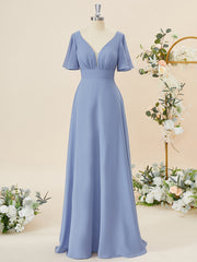 Bow Dress, A-line Short Sleeves Chiffon V-neck Pleated Floor-Length Bridesmaid Dress