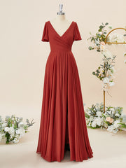 Trendy Dress Outfit, A-line Short Sleeves Chiffon V-neck Pleated Floor-Length Bridesmaid Dress