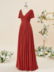 Party Dresses With Boots, A-line Short Sleeves Chiffon V-neck Pleated Floor-Length Bridesmaid Dress