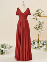 Off Shoulder Dress, A-line Short Sleeves Chiffon V-neck Pleated Floor-Length Bridesmaid Dress