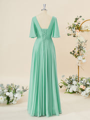 Dress Aesthetic, A-line Short Sleeves Chiffon V-neck Pleated Floor-Length Bridesmaid Dress