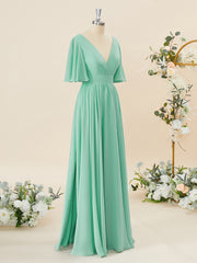 Mini Dress Formal, A-line Short Sleeves Chiffon V-neck Pleated Floor-Length Bridesmaid Dress