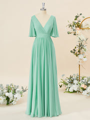 Prom Dress Pink, A-line Short Sleeves Chiffon V-neck Pleated Floor-Length Bridesmaid Dress
