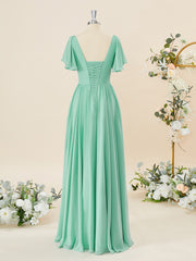 Classy Gown, A-line Short Sleeves Chiffon V-neck Pleated Floor-Length Bridesmaid Dress