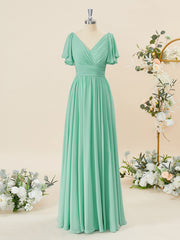 Dress Casual, A-line Short Sleeves Chiffon V-neck Pleated Floor-Length Bridesmaid Dress