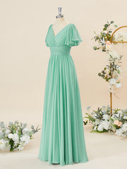 Dressy Outfit, A-line Short Sleeves Chiffon V-neck Pleated Floor-Length Bridesmaid Dress