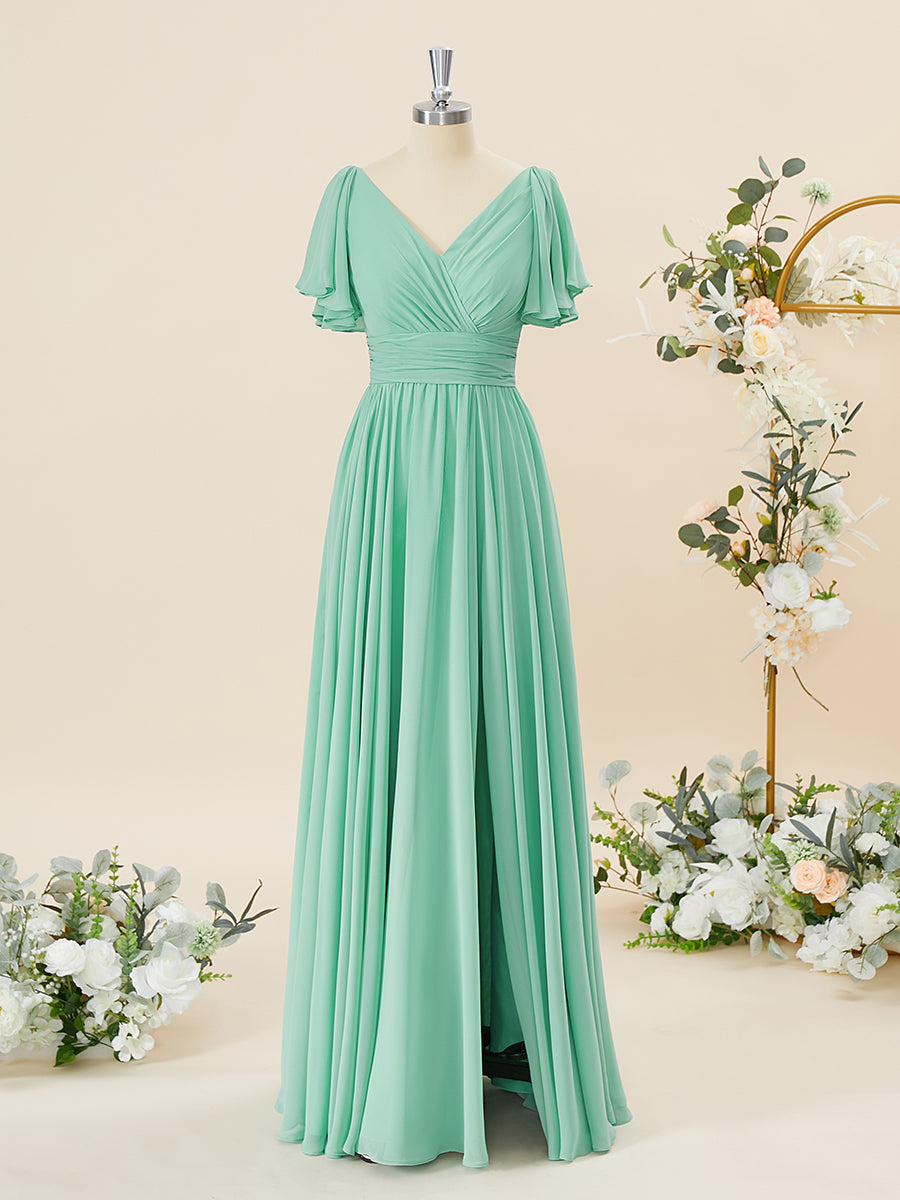Cocktail Party Outfit, A-line Short Sleeves Chiffon V-neck Pleated Floor-Length Bridesmaid Dress