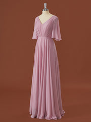 Party Dress For Babies, A-line Short Sleeves Chiffon V-neck Pleated Floor-Length Bridesmaid Dress