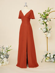 Party Dress Classy Elegant, A-line Short Sleeves Chiffon V-neck Pleated Floor-Length Dress