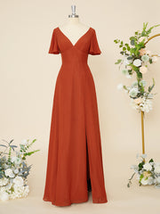 Party Dresses Size 32, A-line Short Sleeves Chiffon V-neck Pleated Floor-Length Dress