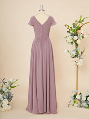 Party Dress Long Dress, A-line Short Sleeves Chiffon V-neck Pleated Floor-Length Dress