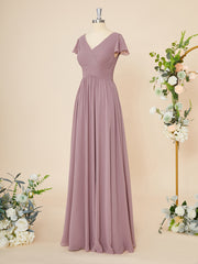 Party Dresses Express, A-line Short Sleeves Chiffon V-neck Pleated Floor-Length Dress