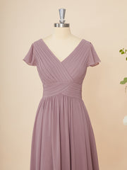 Party Dress Express, A-line Short Sleeves Chiffon V-neck Pleated Floor-Length Dress