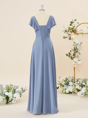 Casual Gown, A-line Short Sleeves Chiffon V-neck Ruffles Floor-Length Bridesmaid Dress