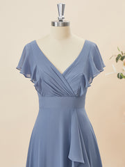 Bridesmaid Gown, A-line Short Sleeves Chiffon V-neck Ruffles Floor-Length Bridesmaid Dress