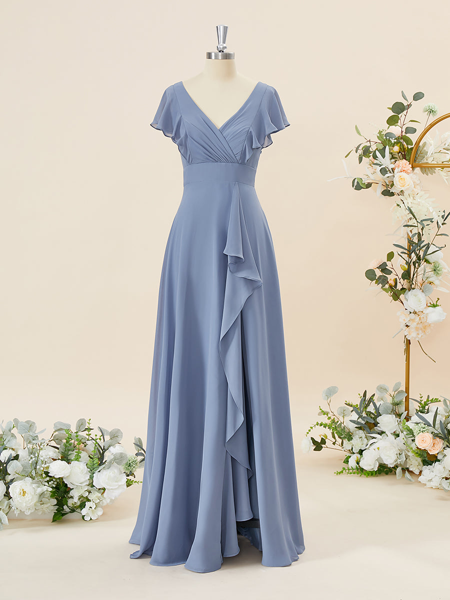 Couture Gown, A-line Short Sleeves Chiffon V-neck Ruffles Floor-Length Bridesmaid Dress