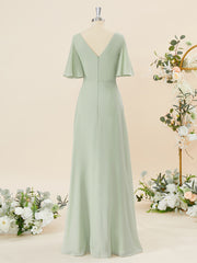 Glam Dress, A-line Short Sleeves Chiffon V-neck Ruffles Floor-Length Bridesmaid Dress
