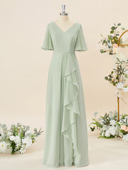 Party Dress Long Sleeve Mini, A-line Short Sleeves Chiffon V-neck Ruffles Floor-Length Bridesmaid Dress
