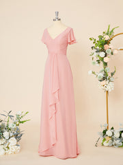 Party Dresses For Ladies 2038, A-line Short Sleeves Chiffon V-neck Ruffles Floor-Length Dress