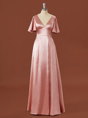 Prom Look, A-line Short Sleeves Elastic Woven Satin V-neck Floor-Length Bridesmaid Dress