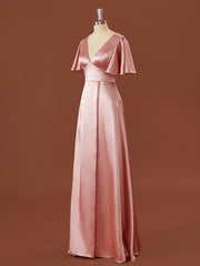 Semi Formal Outfit, A-line Short Sleeves Elastic Woven Satin V-neck Floor-Length Bridesmaid Dress