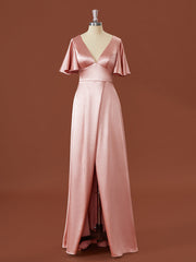 Formal Dress Short, A-line Short Sleeves Elastic Woven Satin V-neck Floor-Length Bridesmaid Dress