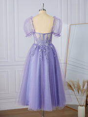 Prom Dress Corset Ball Gown, A-line Short Sleeves Lace Sweetheart Appliques Lace Corset Tea-Length Dress