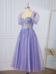 Prom Dress Fairy, A-line Short Sleeves Lace Sweetheart Appliques Lace Corset Tea-Length Dress