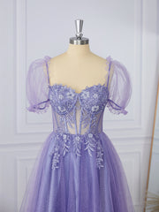 Prom Dress Styling Hair, A-line Short Sleeves Lace Sweetheart Appliques Lace Corset Tea-Length Dress