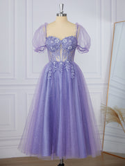 Prom Dresses Blue Light, A-line Short Sleeves Lace Sweetheart Appliques Lace Corset Tea-Length Dress