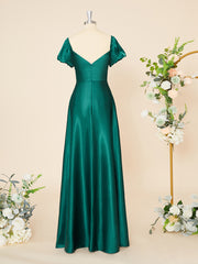 Party Dress Renswoude, A-line Short Sleeves Silk Like Satin Sweetheart Pleated Floor-Length Dress