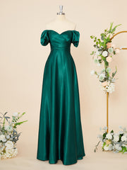 Party Dress Cocktail, A-line Short Sleeves Silk Like Satin Sweetheart Pleated Floor-Length Dress