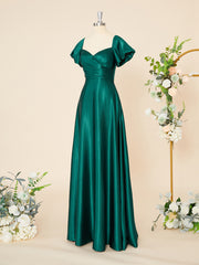 Party Dress Top, A-line Short Sleeves Silk Like Satin Sweetheart Pleated Floor-Length Dress