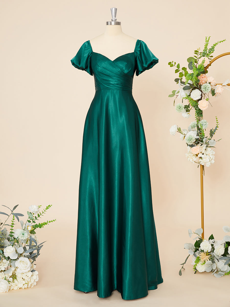 Party Dresses Wedding, A-line Short Sleeves Silk Like Satin Sweetheart Pleated Floor-Length Dress