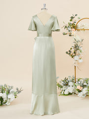 Formal Dresses For Weddings Mothers, A-line Short Sleeves Silk Like Satin V-neck Ruffles Asymmetrical Bridesmaid Dress