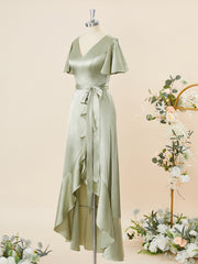Formal Dresses, A-line Short Sleeves Silk Like Satin V-neck Ruffles Asymmetrical Bridesmaid Dress