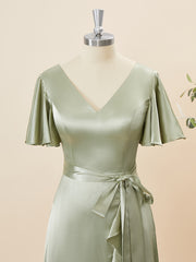 Formal Dress Suits For Ladies, A-line Short Sleeves Silk Like Satin V-neck Ruffles Asymmetrical Bridesmaid Dress
