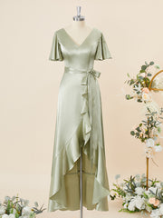 Formal Dresses For Weddings Mother Of The Bride, A-line Short Sleeves Silk Like Satin V-neck Ruffles Asymmetrical Bridesmaid Dress