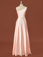 Formal Dress Prom, A-line Silk Like Satin One-Shoulder Pleated Floor-Length Bridesmaid Dress