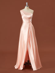 Formal Dresses Long Elegant, A-line Silk Like Satin One-Shoulder Pleated Floor-Length Bridesmaid Dress