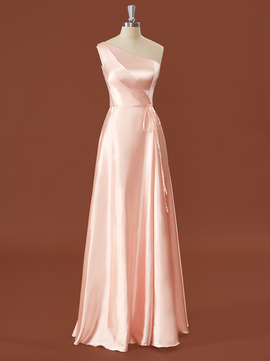 Formal Dresses Nearby, A-line Silk Like Satin One-Shoulder Pleated Floor-Length Bridesmaid Dress
