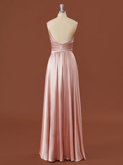 Formal Dress Summer, A-line Silk Like Satin V-neck Pleated Floor-Length Bridesmaid Dress