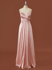 Formal Dresses Summer, A-line Silk Like Satin V-neck Pleated Floor-Length Bridesmaid Dress