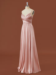 Formal Dresses For Woman, A-line Silk Like Satin V-neck Pleated Floor-Length Bridesmaid Dress