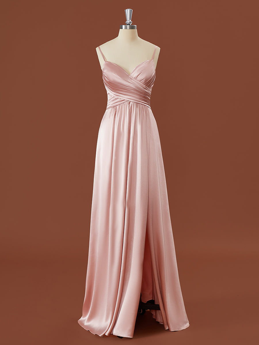 Formal Dresses With Sleeves, A-line Silk Like Satin V-neck Pleated Floor-Length Bridesmaid Dress