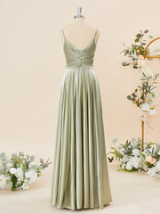 Casual Dress, A-line Silk Like Satin V-neck Pleated Floor-Length Bridesmaid Dress