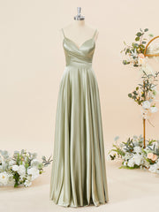 Party Dress Afternoon Tea, A-line Silk Like Satin V-neck Pleated Floor-Length Bridesmaid Dress