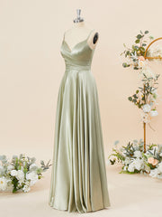 Stylish Outfit, A-line Silk Like Satin V-neck Pleated Floor-Length Bridesmaid Dress